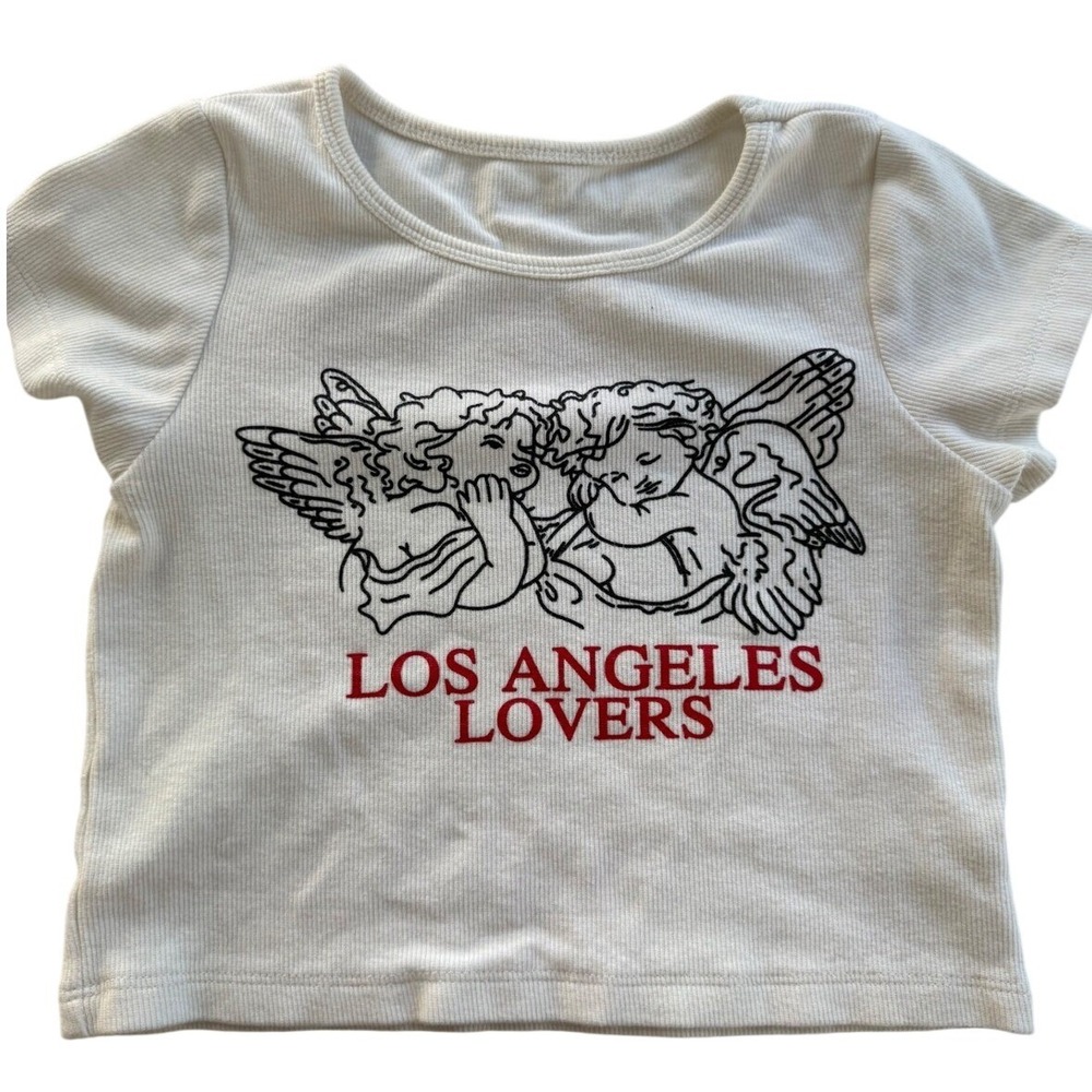 Los Angeles Lovers Cherub Graphic Baby Tee XS Women Ivory Ribbed Crop Top